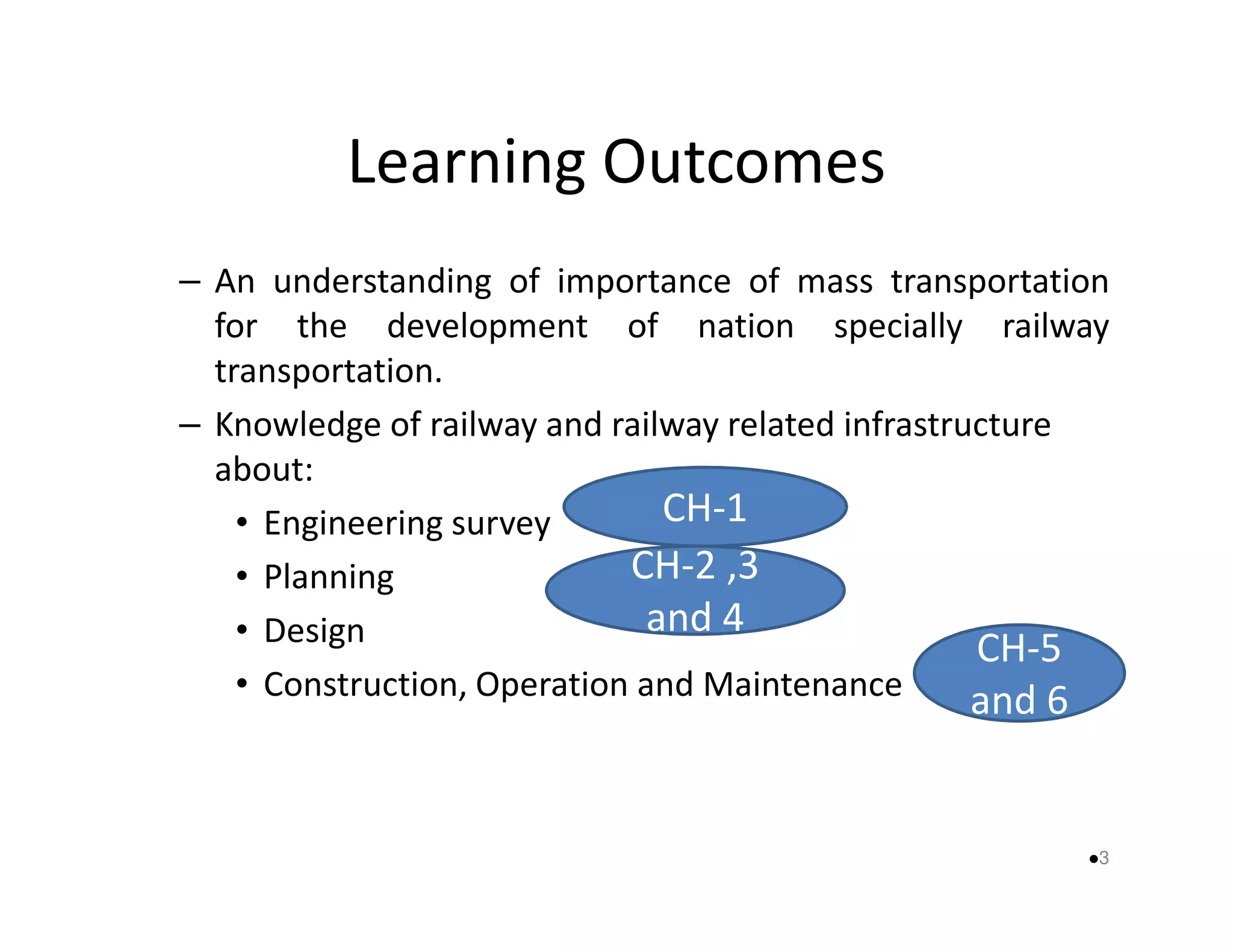 Learning Outcomes 
– An understanding of importance of mass transportation 
for the development of nation specially railway 
transportation. 
– Knowledge of railway and railway related infrastructure 
aabboouutt:: 
• Engineering survey 
• Planning 
• Design 
• Construction, Operation and Maintenance 
3 
CH-1 
CH-2 ,3 
and 4 
CH-5 
and 6 
 