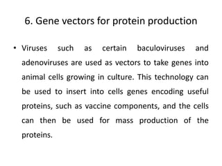 6. Gene vectors for protein production
• Viruses such as certain baculoviruses and
adenoviruses are used as vectors to take genes into
animal cells growing in culture. This technology can
be used to insert into cells genes encoding useful
proteins, such as vaccine components, and the cells
can then be used for mass production of the
proteins.
 