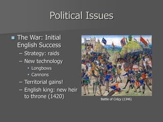 Political Issues
 The War: Initial
English Success
– Strategy: raids
– New technology
 Longbows
 Cannons
– Territorial gains!
– English king: new heir
to throne (1420) Battle of Créçy (1346)
 