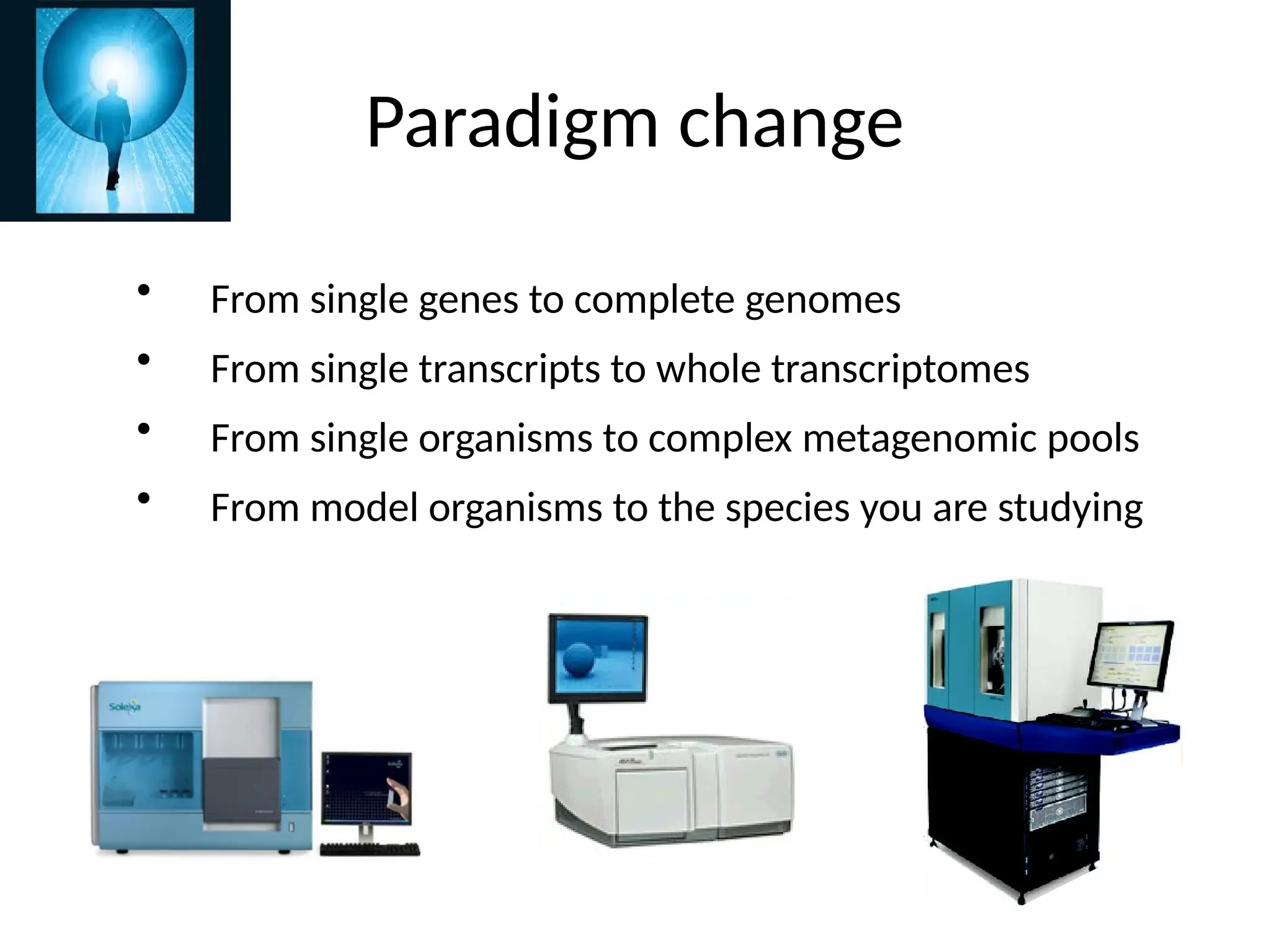 Paradigm change
• From single genes to complete genomes
• From single transcripts to whole transcriptomes
• From single organisms to complex metagenomic pools
• From model organisms to the species you are studying
 
