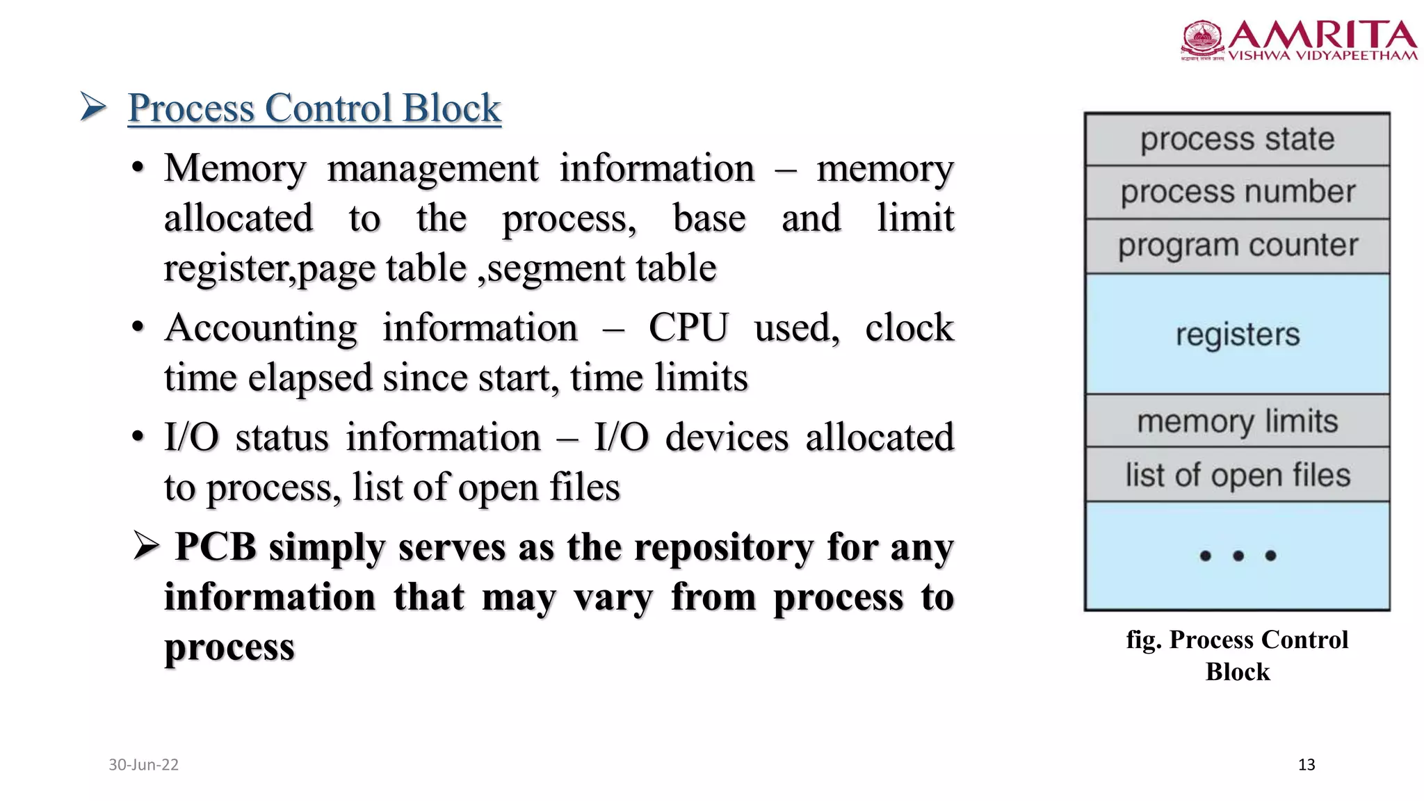 30-Jun-22 13
 Process Control Block
• Memory management information – memory
allocated to the process, base and limit
register,page table ,segment table
• Accounting information – CPU used, clock
time elapsed since start, time limits
• I/O status information – I/O devices allocated
to process, list of open files
 PCB simply serves as the repository for any
information that may vary from process to
process fig. Process Control
Block
 
