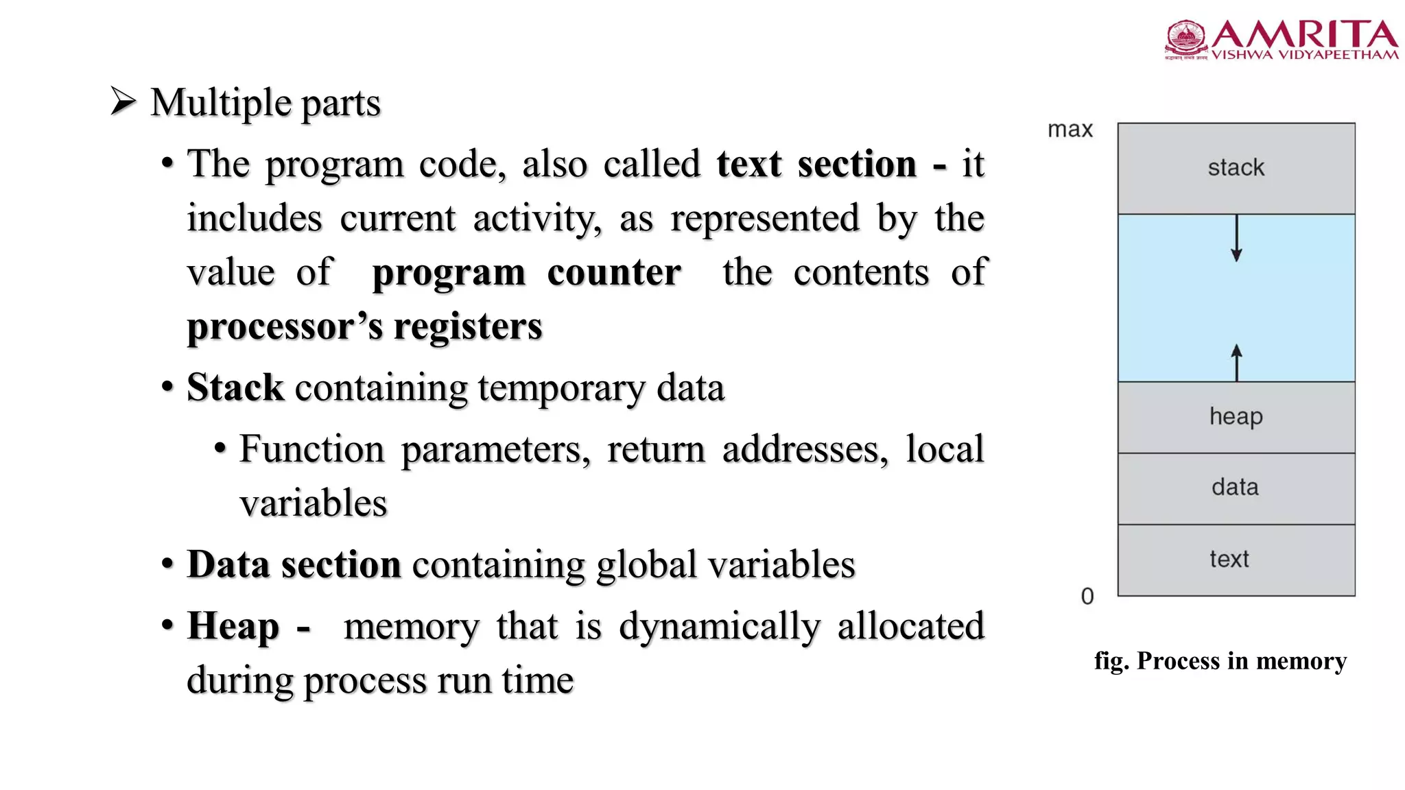  Multiple parts
• The program code, also called text section - it
includes current activity, as represented by the
value of program counter the contents of
processor’s registers
• Stack containing temporary data
• Function parameters, return addresses, local
variables
• Data section containing global variables
• Heap - memory that is dynamically allocated
during process run time
fig. Process in memory
 