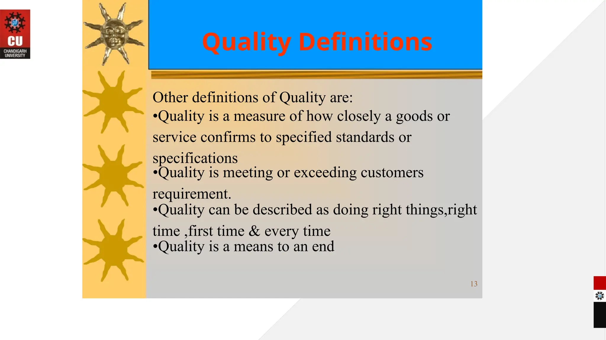 Quality Definitions
Other definitions of Quality are:
•Quality is a measure of how closely a goods or
service confirms to specified standards or
specifications
•Quality is meeting or exceeding customers
requirement.
•Quality can be described as doing right things,right
time ,first time & every time
•Quality is a means to an end
13
 