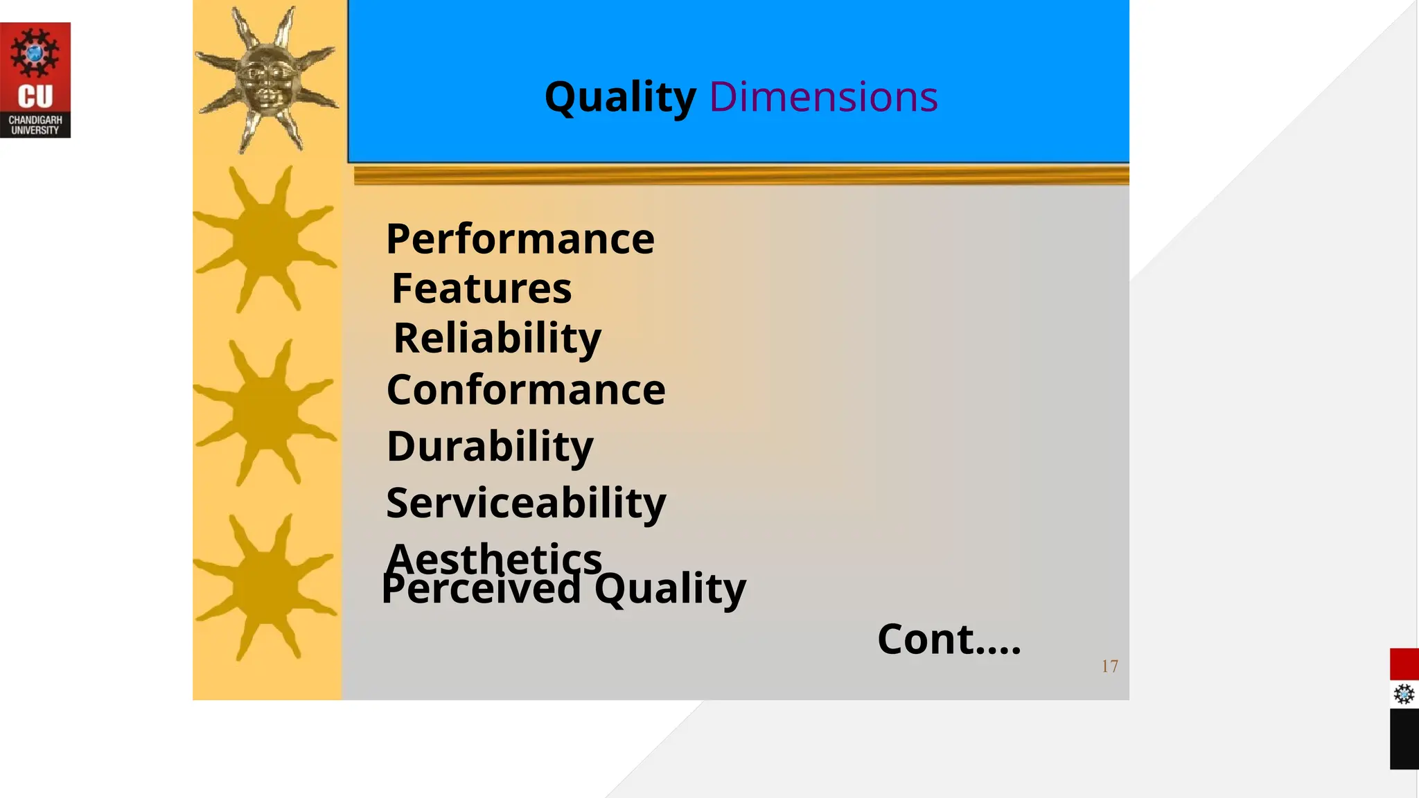 Quality Dimensions
Performance
Features
Reliability
Conformance
Durability
Serviceability
Aesthetics
Perceived Quality
Cont…. 17
 