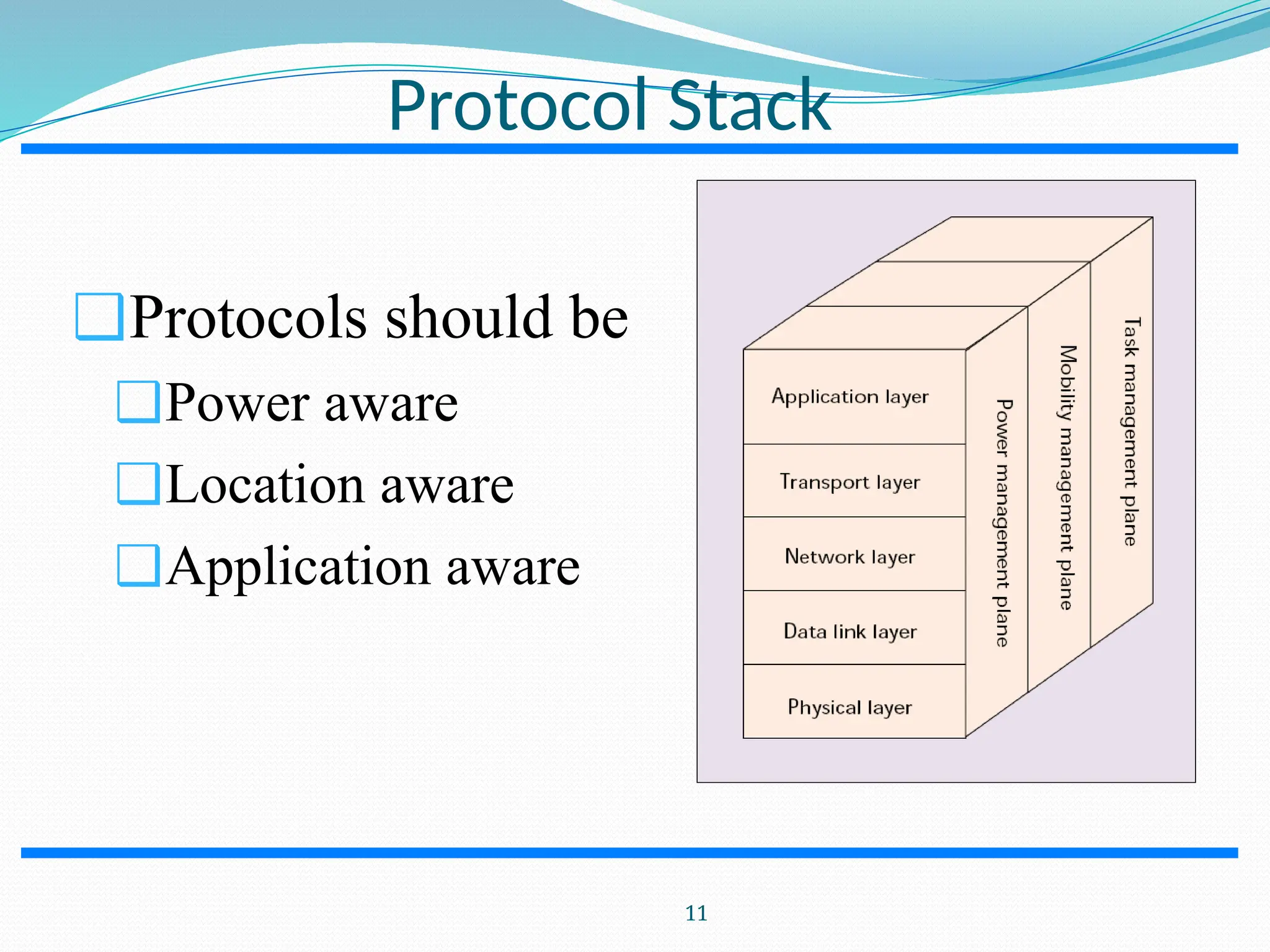 Protocol Stack ❑Protocols should be ❑Power aware ❑Location aware ❑Application aware 11 