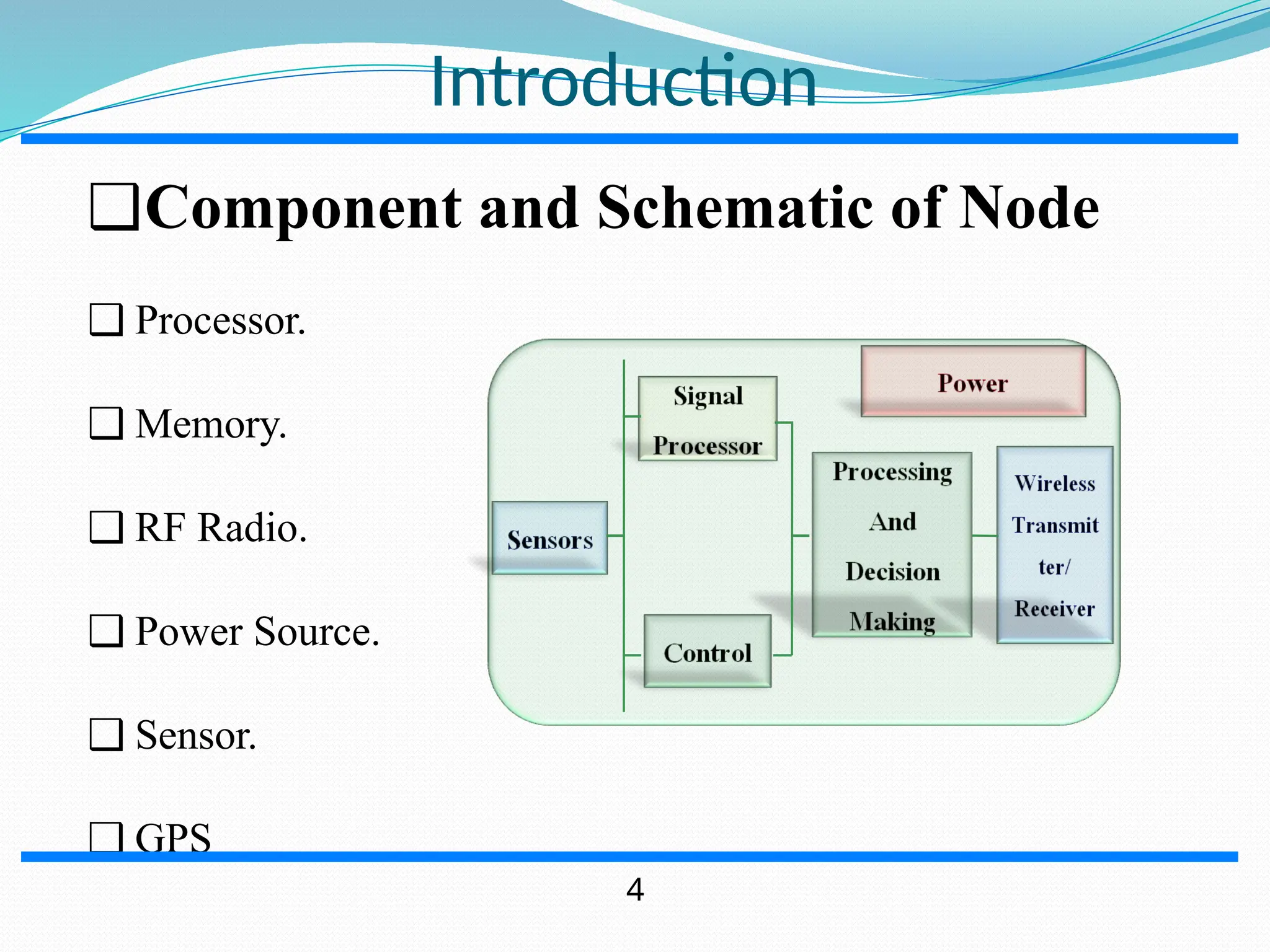 Introduction ❑Component and Schematic of Node ❑ Processor. ❑ Memory. ❑ RF Radio. ❑ Power Source. ❑ Sensor. ❑ GPS 4 