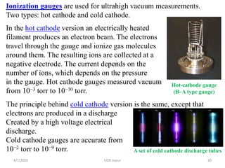 Ionization gauges are used for ultrahigh vacuum measurements.
Two types: hot cathode and cold cathode.
In the hot cathode version an electrically heated
filament produces an electron beam. The electrons
travel through the gauge and ionize gas molecules
around them. The resulting ions are collected at a
negative electrode. The current depends on the
number of ions, which depends on the pressure
in the gauge. Hot cathode gauges measured vacuum
from 10−3 torr to 10−10 torr.
The principle behind cold cathode version is the same, except that
electrons are produced in a discharge
Created by a high voltage electrical
discharge.
Cold cathode gauges are accurate from
10−2 torr to 10−9 torr.
Hot-cathode gauge
(B–A type gauge)
A set of cold cathode discharge tubes
4/7/2020 20UOR Jaipur
 