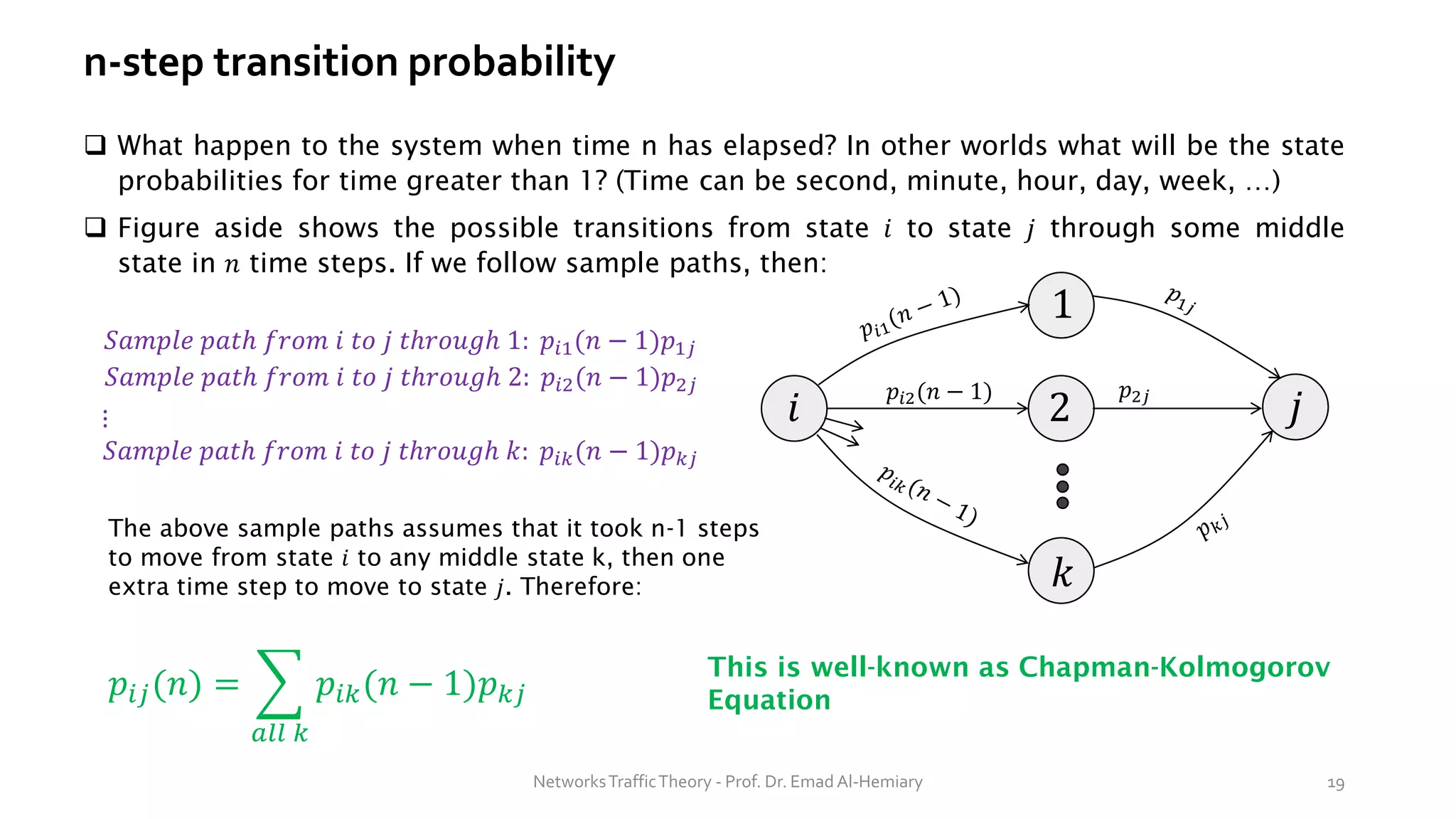 n-step transition probability
❑ What happen to the system when time n has elapsed? In other worlds what will be the state
probabilities for time greater than 1? (Time can be second, minute, hour, day, week, …)
❑ Figure aside shows the possible transitions from state 𝑖 to state 𝑗 through some middle
state in 𝑛 time steps. If we follow sample paths, then:
𝑖
1
𝑘
2 𝑗
𝑝𝑖2(𝑛 − 1) 𝑝2𝑗
NetworksTrafficTheory - Prof. Dr. Emad Al-Hemiary 19
𝑆𝑎𝑚𝑝𝑙𝑒 𝑝𝑎𝑡ℎ 𝑓𝑟𝑜𝑚 𝑖 𝑡𝑜 𝑗 𝑡ℎ𝑟𝑜𝑢𝑔ℎ 1: 𝑝𝑖1(𝑛 − 1)𝑝1𝑗
𝑆𝑎𝑚𝑝𝑙𝑒 𝑝𝑎𝑡ℎ 𝑓𝑟𝑜𝑚 𝑖 𝑡𝑜 𝑗 𝑡ℎ𝑟𝑜𝑢𝑔ℎ 2: 𝑝𝑖2(𝑛 − 1)𝑝2𝑗
⋮
𝑆𝑎𝑚𝑝𝑙𝑒 𝑝𝑎𝑡ℎ 𝑓𝑟𝑜𝑚 𝑖 𝑡𝑜 𝑗 𝑡ℎ𝑟𝑜𝑢𝑔ℎ 𝑘: 𝑝𝑖𝑘(𝑛 − 1)𝑝𝑘𝑗
The above sample paths assumes that it took n-1 steps
to move from state 𝑖 to any middle state k, then one
extra time step to move to state 𝑗. Therefore:
𝑝𝑖𝑗(𝑛) = ෍
𝑎𝑙𝑙 𝑘
𝑝𝑖𝑘(𝑛 − 1)𝑝𝑘𝑗
This is well-known as Chapman-Kolmogorov
Equation
 