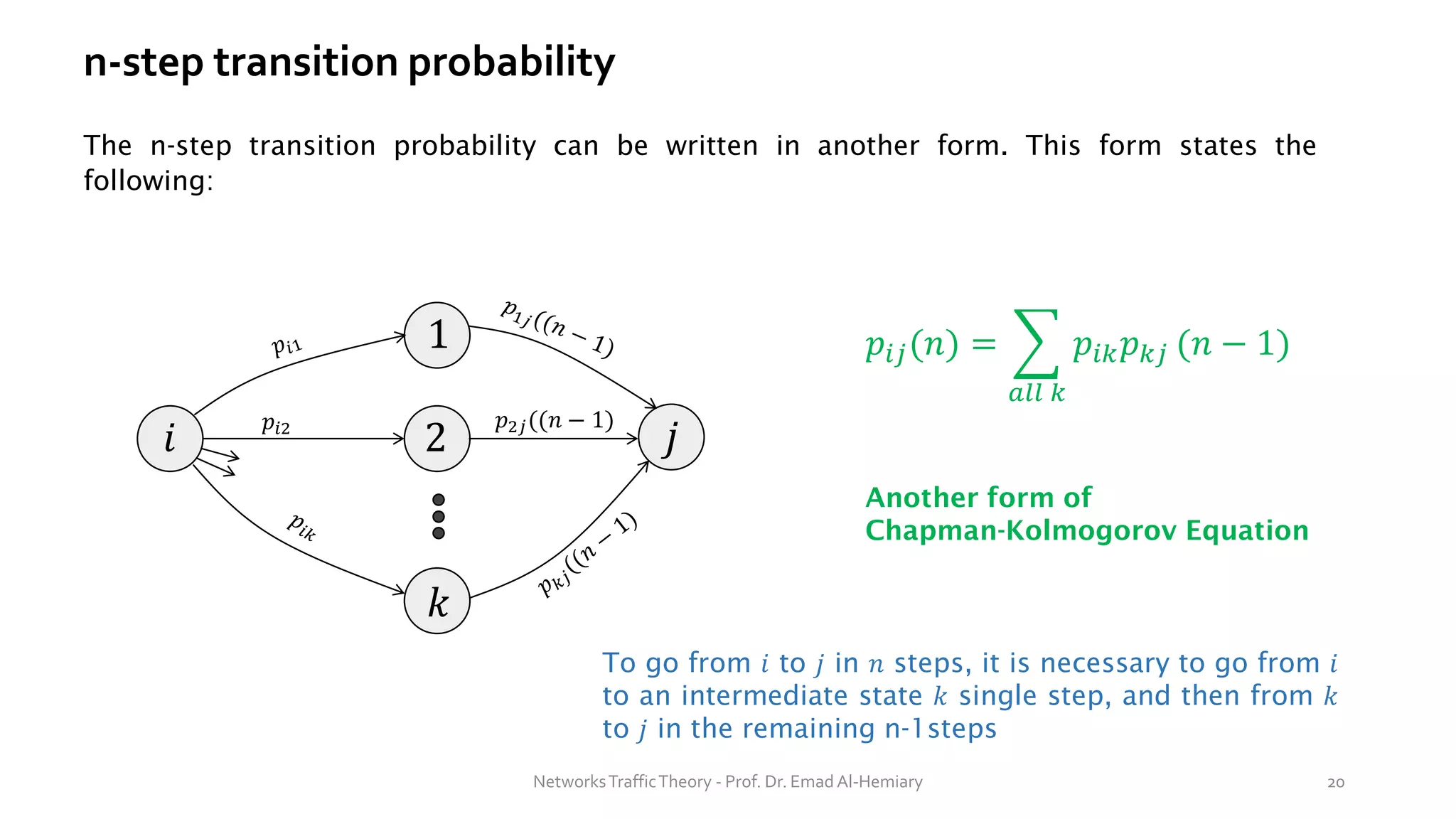 n-step transition probability
The n-step transition probability can be written in another form. This form states the
following:
𝑖
1
𝑘
2 𝑗
𝑝𝑖2 𝑝2𝑗((𝑛 − 1)
Another form of
Chapman-Kolmogorov Equation
To go from 𝑖 to 𝑗 in 𝑛 steps, it is necessary to go from 𝑖
to an intermediate state 𝑘 single step, and then from 𝑘
to 𝑗 in the remaining n-1steps
𝑝𝑖𝑗(𝑛) = ෍
𝑎𝑙𝑙 𝑘
𝑝𝑖𝑘𝑝𝑘𝑗 (𝑛 − 1)
NetworksTrafficTheory - Prof. Dr. Emad Al-Hemiary 20
 