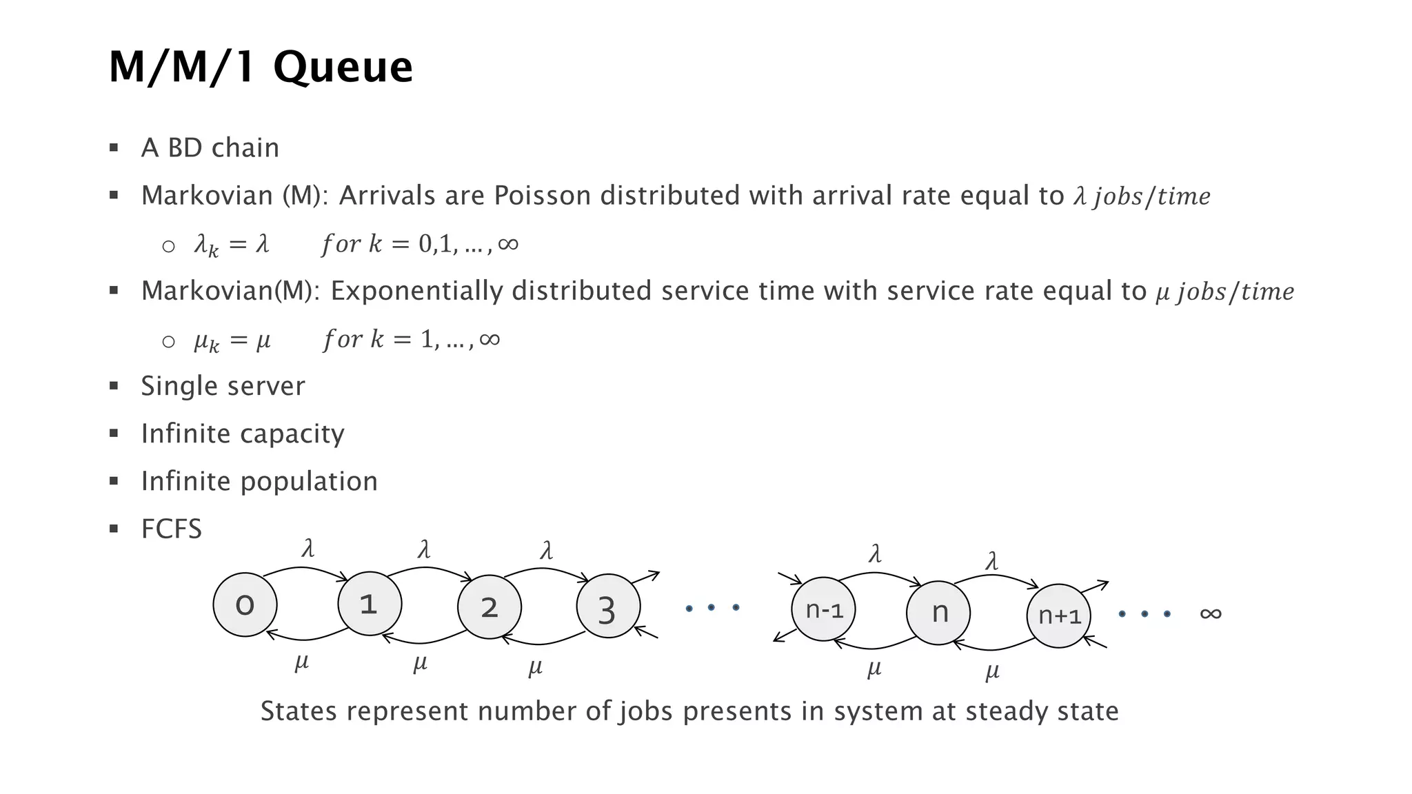 M/M/1 Queue
▪ A BD chain
▪ Markovian (M): Arrivals are Poisson distributed with arrival rate equal to 𝜆 𝑗𝑜𝑏𝑠/𝑡𝑖𝑚𝑒
o 𝜆𝑘 = 𝜆 𝑓𝑜𝑟 𝑘 = 0,1, … , ∞
▪ Markovian(M): Exponentially distributed service time with service rate equal to 𝜇 𝑗𝑜𝑏𝑠/𝑡𝑖𝑚𝑒
o 𝜇𝑘 = 𝜇 𝑓𝑜𝑟 𝑘 = 1, … , ∞
▪ Single server
▪ Infinite capacity
▪ Infinite population
▪ FCFS
0 1 2 3 n-1 n n+1 ∞
𝜆
𝜇 𝜇 𝜇 𝜇 𝜇
𝜆 𝜆 𝜆 𝜆
States represent number of jobs presents in system at steady state
 