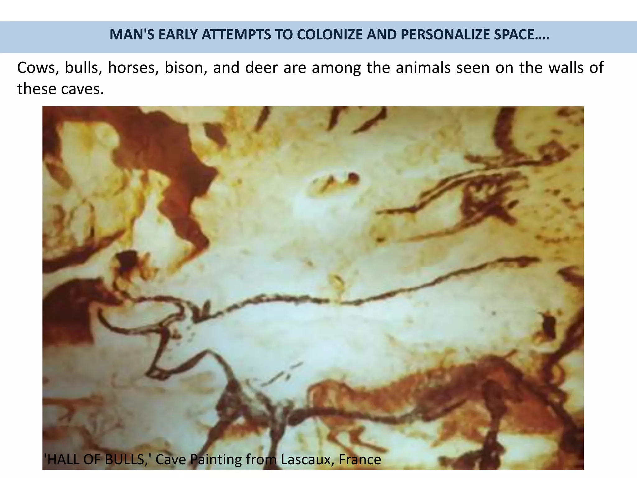 Cows, bulls, horses, bison, and deer are among the animals seen on the walls of
these caves.
'HALL OF BULLS,' Cave Painting from Lascaux, France
MAN'S EARLY ATTEMPTS TO COLONIZE AND PERSONALIZE SPACE….
 