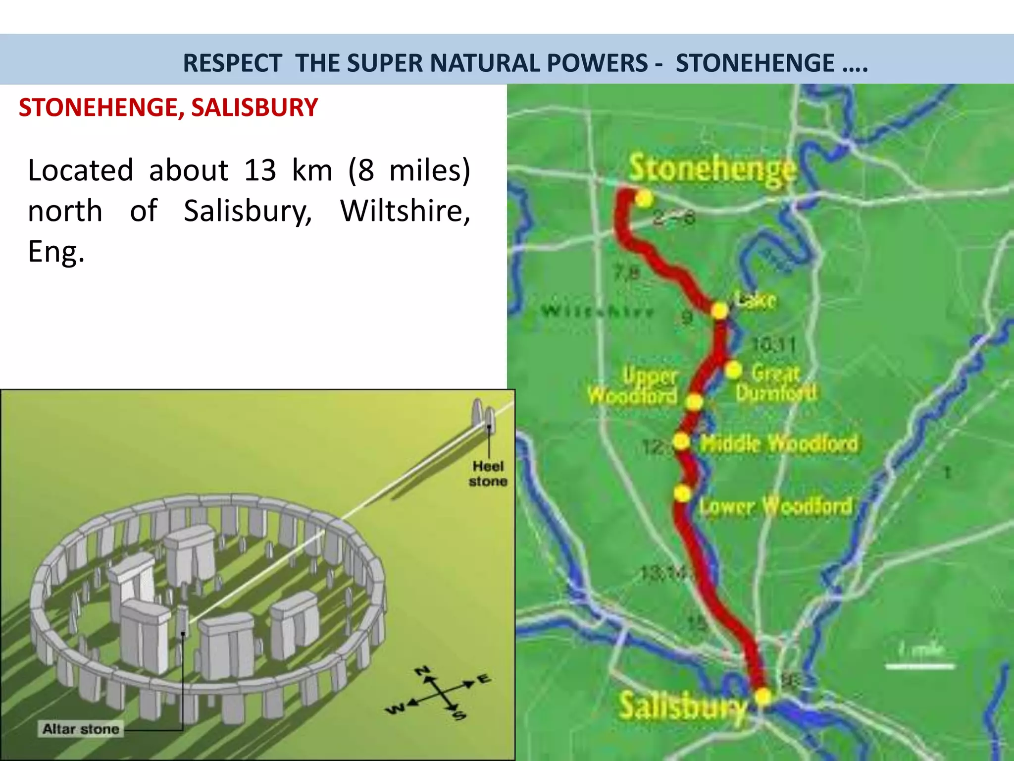 RESPECT THE SUPER NATURAL POWERS - STONEHENGE ….
STONEHENGE, SALISBURY
Located about 13 km (8 miles)
north of Salisbury, Wiltshire,
Eng.
 