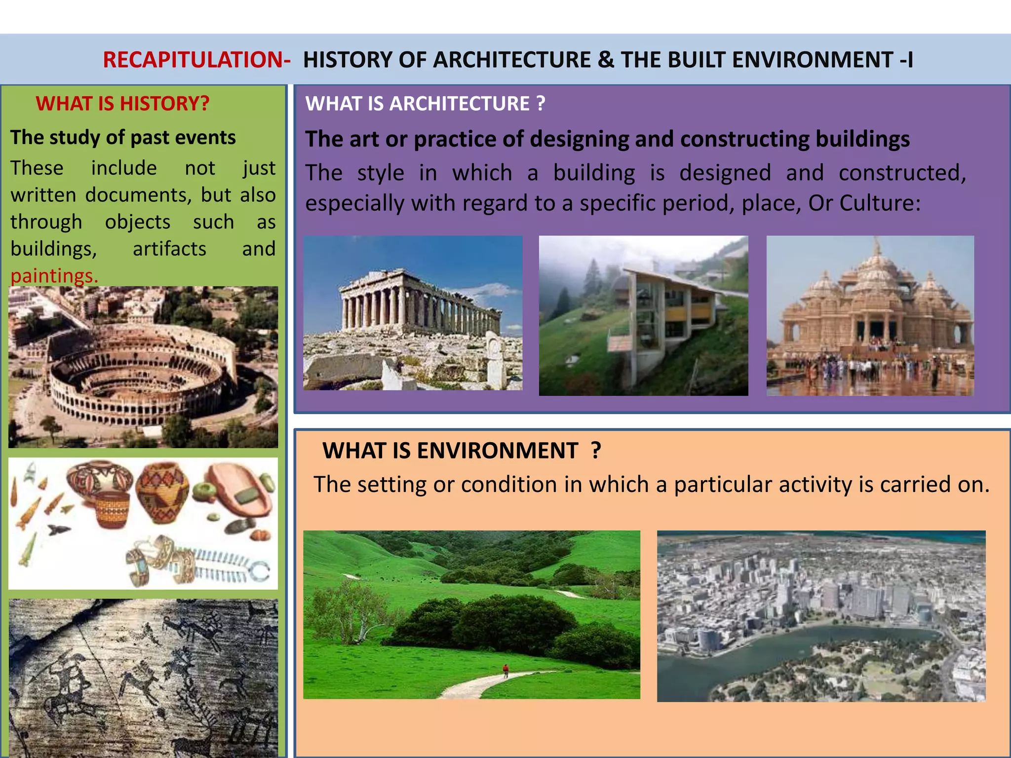 RECAPITULATION- HISTORY OF ARCHITECTURE & THE BUILT ENVIRONMENT -I
WHAT IS HISTORY?
The study of past events
These include not just
written documents, but also
through objects such as
buildings, artifacts and
paintings.
WHAT IS ARCHITECTURE ?
The art or practice of designing and constructing buildings
The style in which a building is designed and constructed,
especially with regard to a specific period, place, Or Culture:
WHAT IS ENVIRONMENT ?
The setting or condition in which a particular activity is carried on.
 