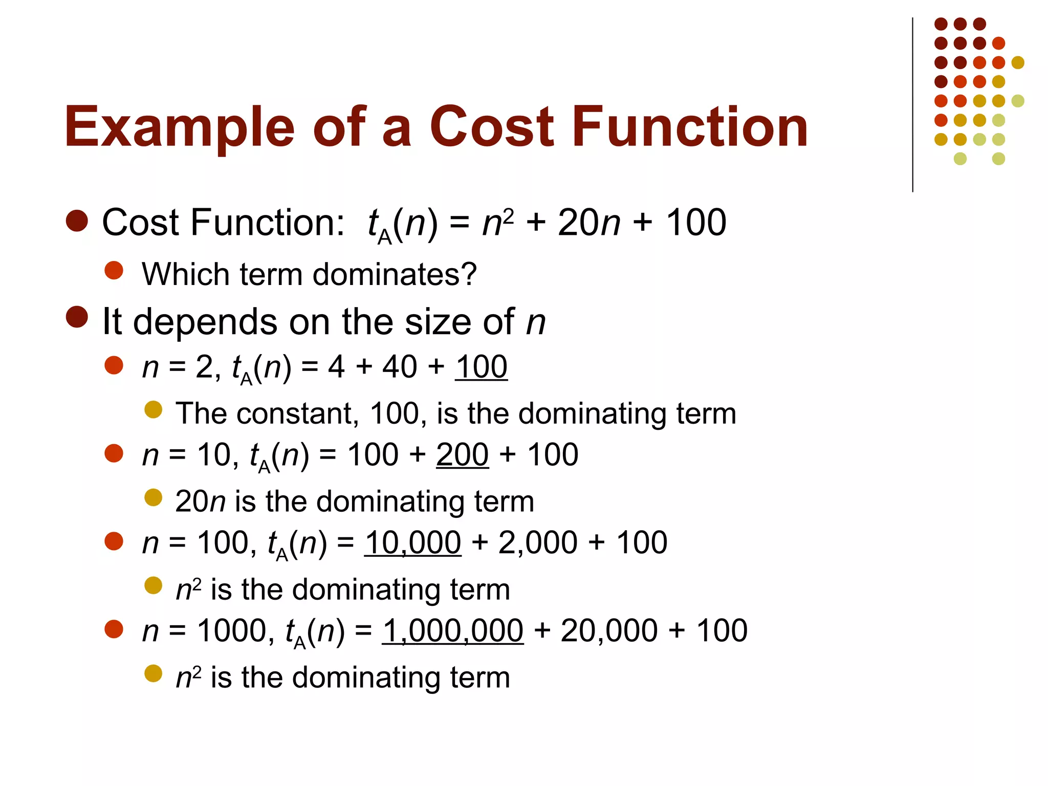 Example of a Cost Function
 Cost Function: tA(n) = n2
+ 20n + 100
 Which term dominates?
 It depends on the size of n
 n = 2, tA(n) = 4 + 40 + 100
 The constant, 100, is the dominating term
 n = 10, tA(n) = 100 + 200 + 100
 20n is the dominating term
 n = 100, tA(n) = 10,000 + 2,000 + 100
 n2
is the dominating term
 n = 1000, tA(n) = 1,000,000 + 20,000 + 100
 n2
is the dominating term
 