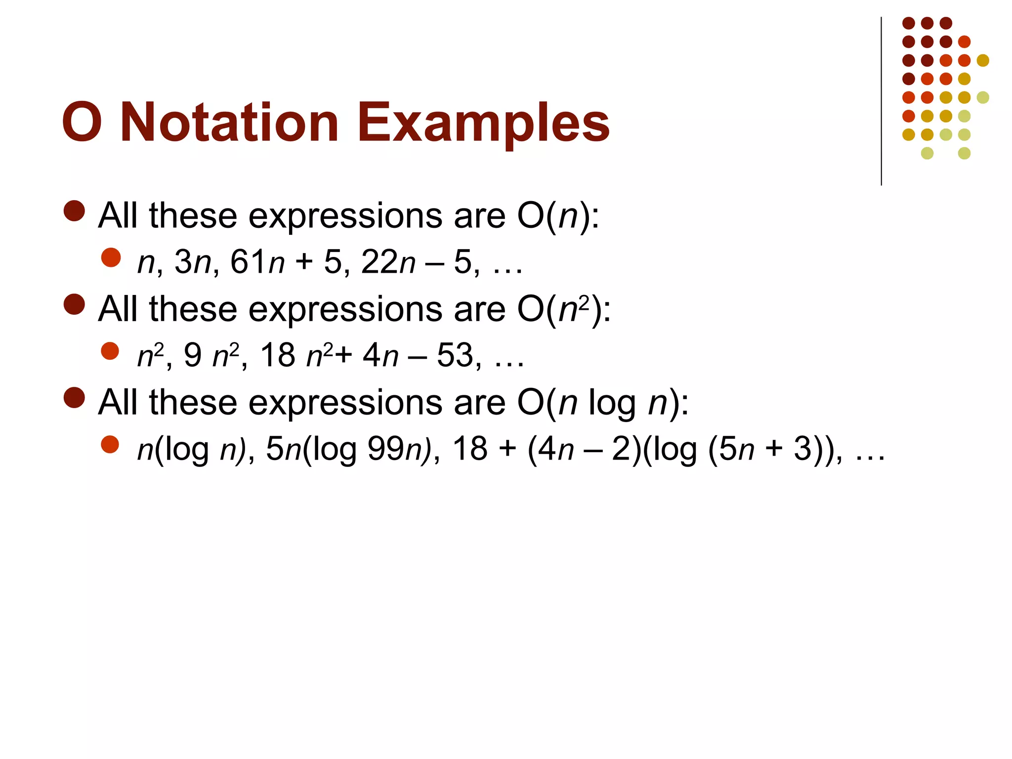 O Notation Examples
 All these expressions are O(n):
 n, 3n, 61n + 5, 22n – 5, …
 All these expressions are O(n2
):
 n2
, 9 n2
, 18 n2
+ 4n – 53, …
 All these expressions are O(n log n):
 n(log n), 5n(log 99n), 18 + (4n – 2)(log (5n + 3)), …
 