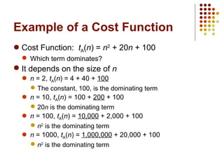 Example of a Cost Function
 Cost Function: tA(n) = n2
+ 20n + 100
 Which term dominates?
 It depends on the size of n
 n = 2, tA(n) = 4 + 40 + 100
 The constant, 100, is the dominating term
 n = 10, tA(n) = 100 + 200 + 100
 20n is the dominating term
 n = 100, tA(n) = 10,000 + 2,000 + 100
 n2
is the dominating term
 n = 1000, tA(n) = 1,000,000 + 20,000 + 100
 n2
is the dominating term
 