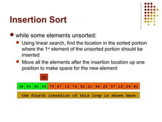 Insertion Sort
 while some elements unsorted:
 Using linear search, find the location in the sorted portion
where the 1st
element of the unsorted portion should be
inserted
 Move all the elements after the insertion location up one
position to make space for the new element
13 2145 79 47 2238 74 3666 94 2957 8160 16
45
666045
the fourth iteration of this loop is shown here
 