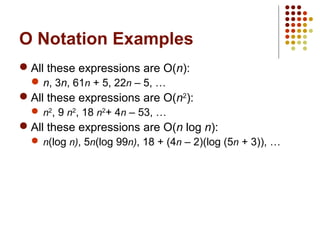 O Notation Examples
 All these expressions are O(n):
 n, 3n, 61n + 5, 22n – 5, …
 All these expressions are O(n2
):
 n2
, 9 n2
, 18 n2
+ 4n – 53, …
 All these expressions are O(n log n):
 n(log n), 5n(log 99n), 18 + (4n – 2)(log (5n + 3)), …
 