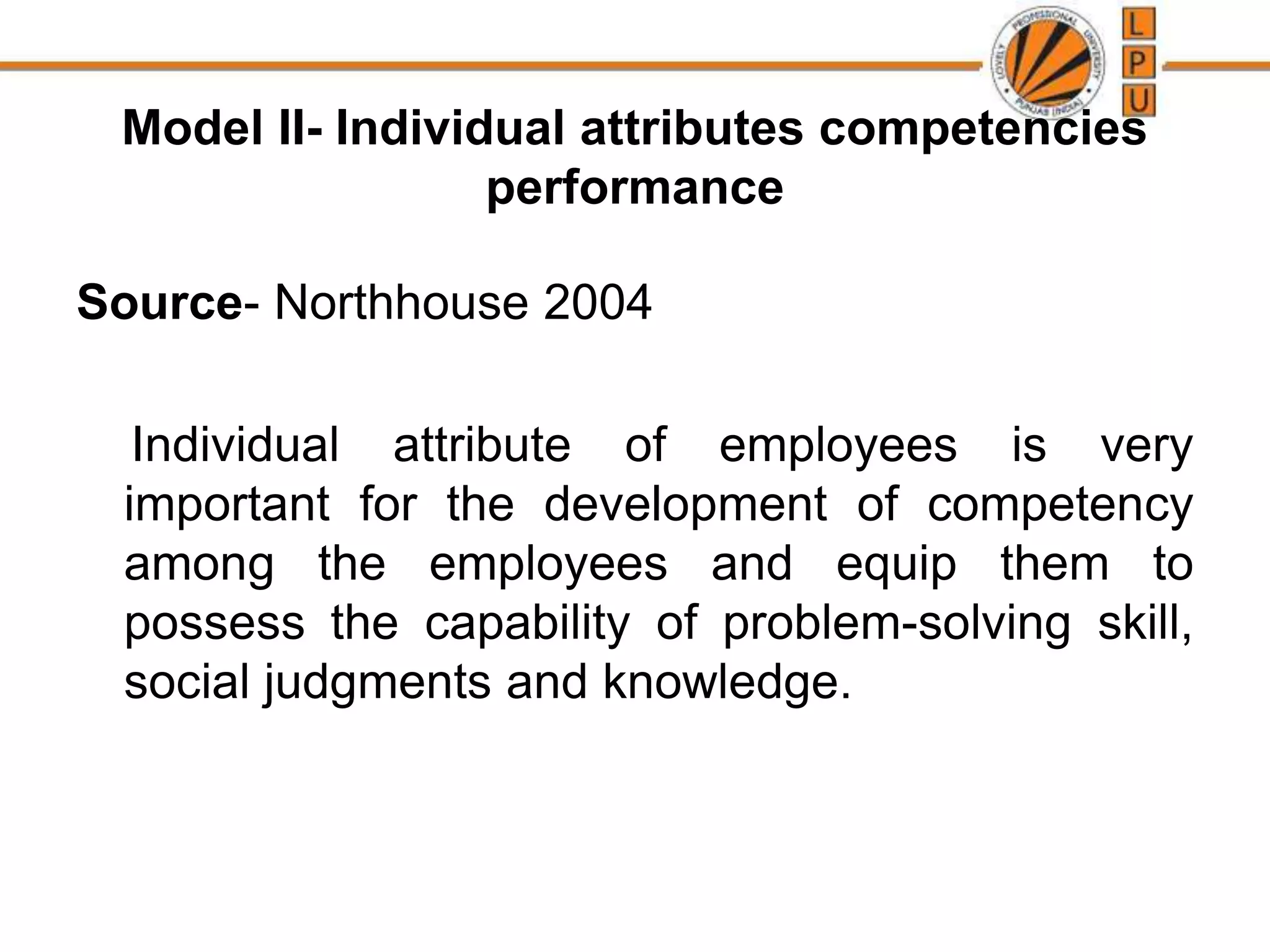 Model II- Individual attributes competencies
performance
Source- Northhouse 2004
Individual attribute of employees is very
important for the development of competency
among the employees and equip them to
possess the capability of problem-solving skill,
social judgments and knowledge.
 