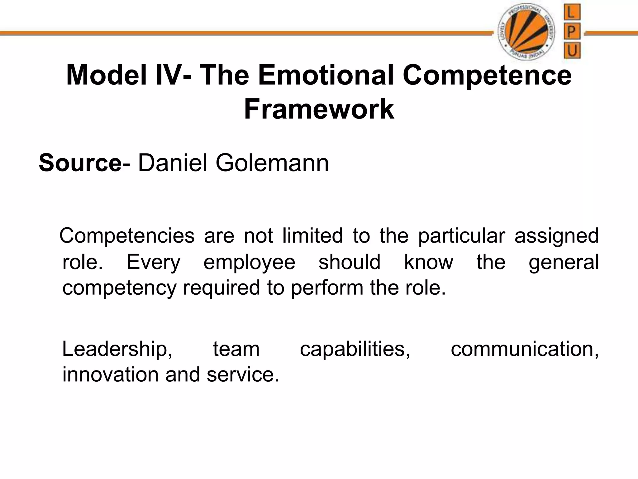 Model IV- The Emotional Competence
Framework
Source- Daniel Golemann
Competencies are not limited to the particular assigned
role. Every employee should know the general
competency required to perform the role.
Leadership, team capabilities, communication,
innovation and service.
 