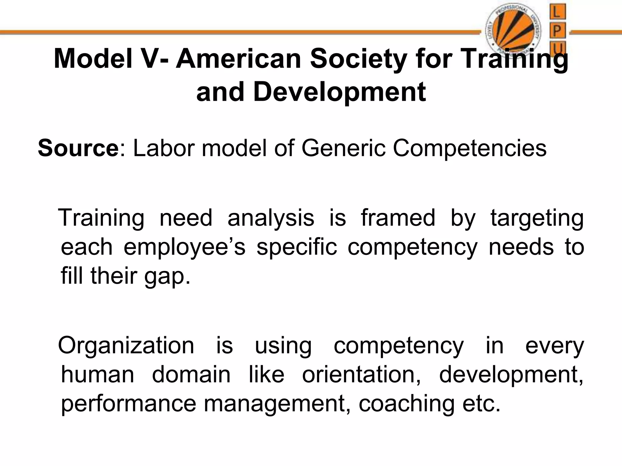 Model V- American Society for Training
and Development
Source: Labor model of Generic Competencies
Training need analysis is framed by targeting
each employee’s specific competency needs to
fill their gap.
Organization is using competency in every
human domain like orientation, development,
performance management, coaching etc.
 