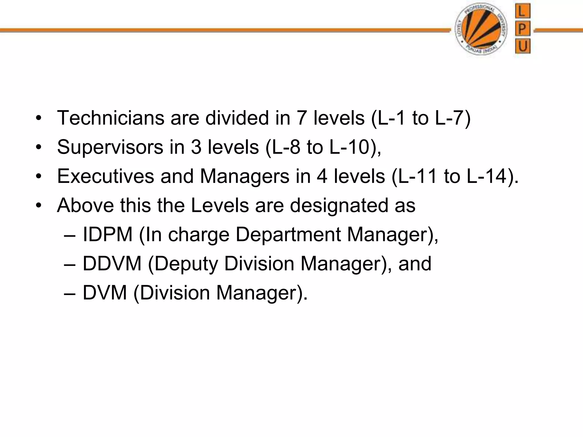 • Technicians are divided in 7 levels (L-1 to L-7)
• Supervisors in 3 levels (L-8 to L-10),
• Executives and Managers in 4 levels (L-11 to L-14).
• Above this the Levels are designated as
– IDPM (In charge Department Manager),
– DDVM (Deputy Division Manager), and
– DVM (Division Manager).
 
