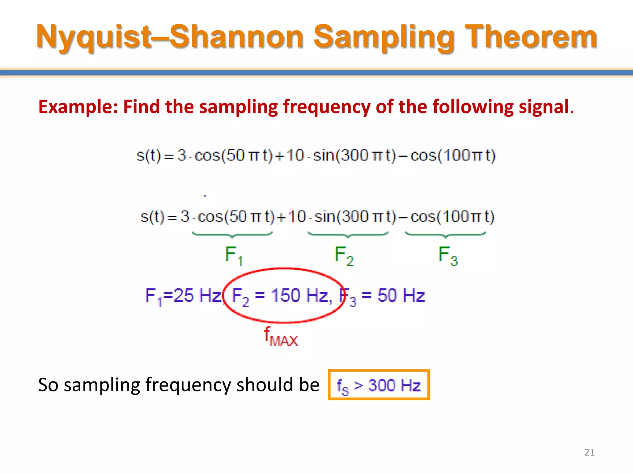 21
Example: Find the sampling frequency of the following signal.
So sampling frequency should be
Nyquist–Shannon Sampling Theorem
 