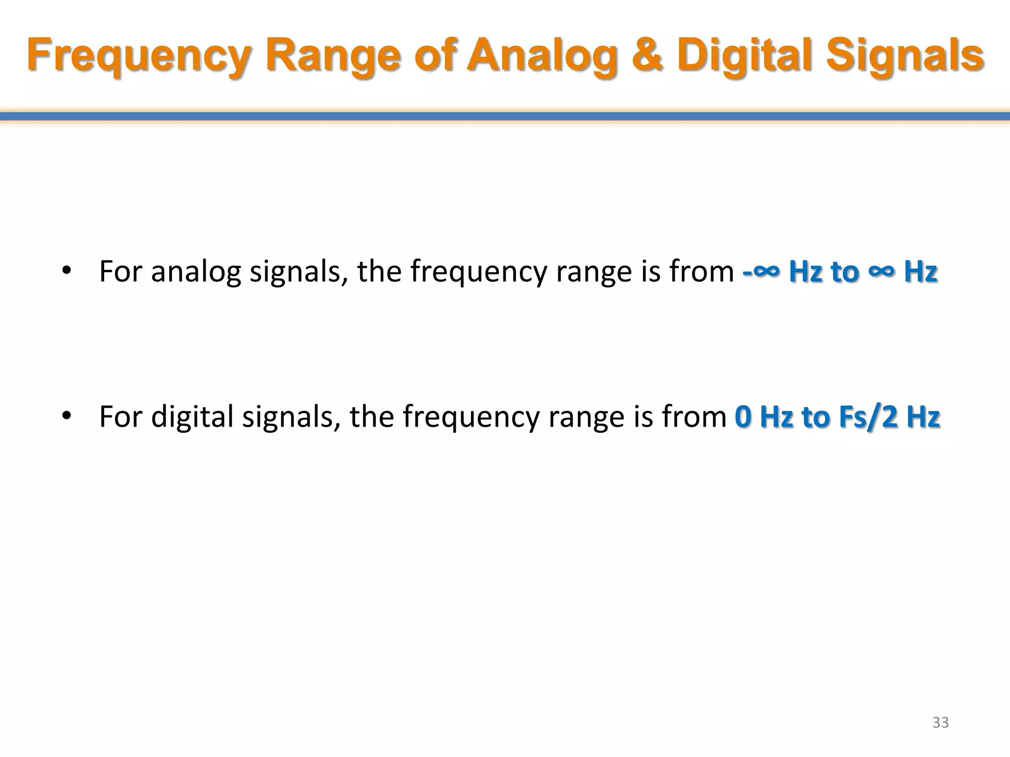 Frequency Range of Analog & Digital Signals
• For analog signals, the frequency range is from -∞ Hz to ∞ Hz
• For digital signals, the frequency range is from 0 Hz to Fs/2 Hz
33
 