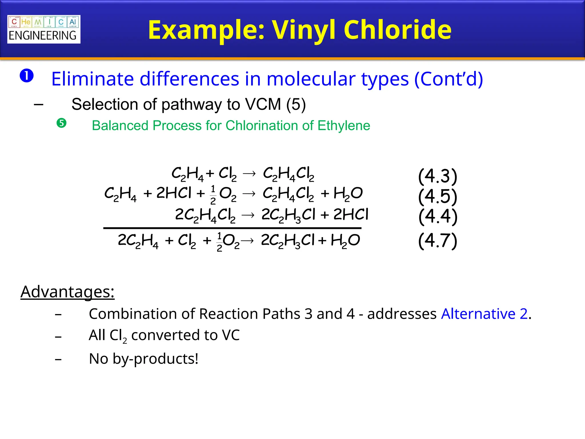 Example: Vinyl Chloride
 Eliminate differences in molecular types (Cont’d)
– Selection of pathway to VCM (5)
 Balanced Process for Chlorination of Ethylene
Advantages:
– Combination of Reaction Paths 3 and 4 - addresses Alternative 2.
– All Cl2 converted to VC
– No by-products!
(4.5)
(4.3)
(4.7)
O
H
Cl
H
C
O
HCl
2
H
C 2
2
4
2
2
2
1
4
2 



HCl
2
Cl
H
C
2
Cl
H
C
2 3
2
2
4
2 
 (4.4)
2
4
2
2
4
2 Cl
H
C
Cl
H
C 

O
H
Cl
H
C
2
O
Cl
H
C
2 2
3
2
2
2
1
2
4
2 



 