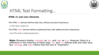 Emphasized Text In Html HTML Basics, Tags and Elements, the properties of elements | PDF