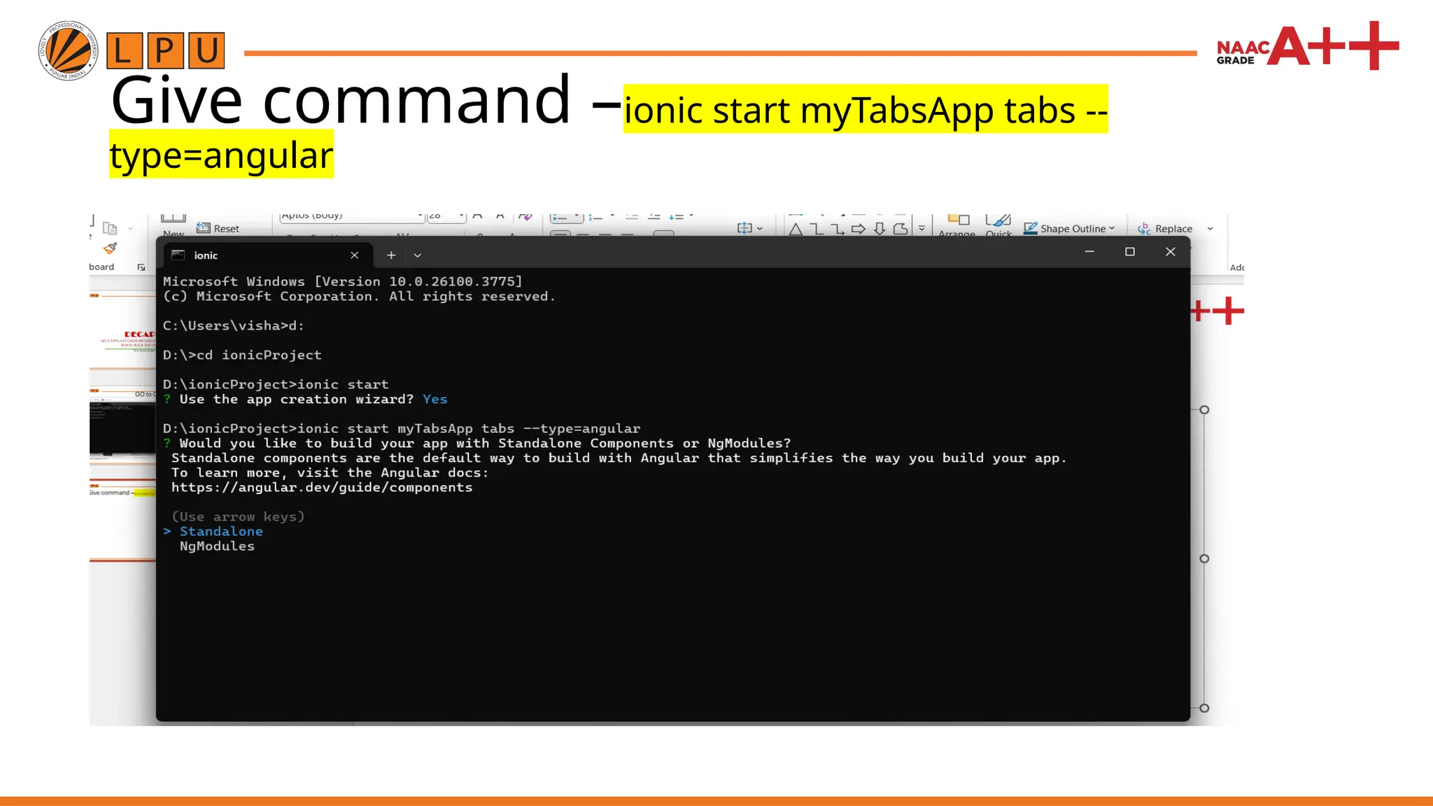 Give command –ionic start myTabsApp tabs -- type=angular 