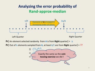 Analyzing the error probability of
Rand-approx-median
9
Elements of A arranged in
Increasing order of values
n/4 3n/4
Right QuarterLeft Quarter
Exactly the same as the coin
tossing exercise we did !
¼
 