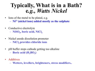 Typically, What is in a Bath?
e.g., Watts Nickel
• Ions of the metal to be plated, e.g.
– Ni2+ (nickel ions) added mostly as the sulphate
• Conductive electrolyte
– NiSO4, boric acid, NiCl2
• Nickel anode dissolution promoter
– NiCl2 provides chloride ions
• pH buffer stops cathode getting too alkaline
– Boric acid (H3BO3)
• Additives
– Wetters, levellers, brighteners, stress modifiers..
 