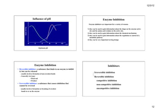 12/3/12
12
Influence of pH
Optimum pH
Enzyme Inhibition
Enzyme inhibitors are important for a variety of reasons
1) they can be used to gain information about the shape on the enzyme active
site and the amino acid residues in the active site.
2) they can be used to gain information about the chemical mechanism.
3) they can be used to gain information about the regulation or control of a
metabolic pathway.
4) they can be very important in drug design.
Enzyme Inhibition
• Reversible inhibitor: a substance that binds to an enzyme to inhibit
it, but can be released
– usually involves formation of non-covalent bonds
– Generally two types
• Dead end
• Product
• Irreversible inhibitor: a substance that causes inhibition that
cannot be reversed
– usually involves formation or breaking of covalent
bonds to or on the enzyme
Inhibitors
Irreversible inhibition
Reversible inhibition
competitive inhibition
non-competitive inhibition
uncompetitive inhibition
 