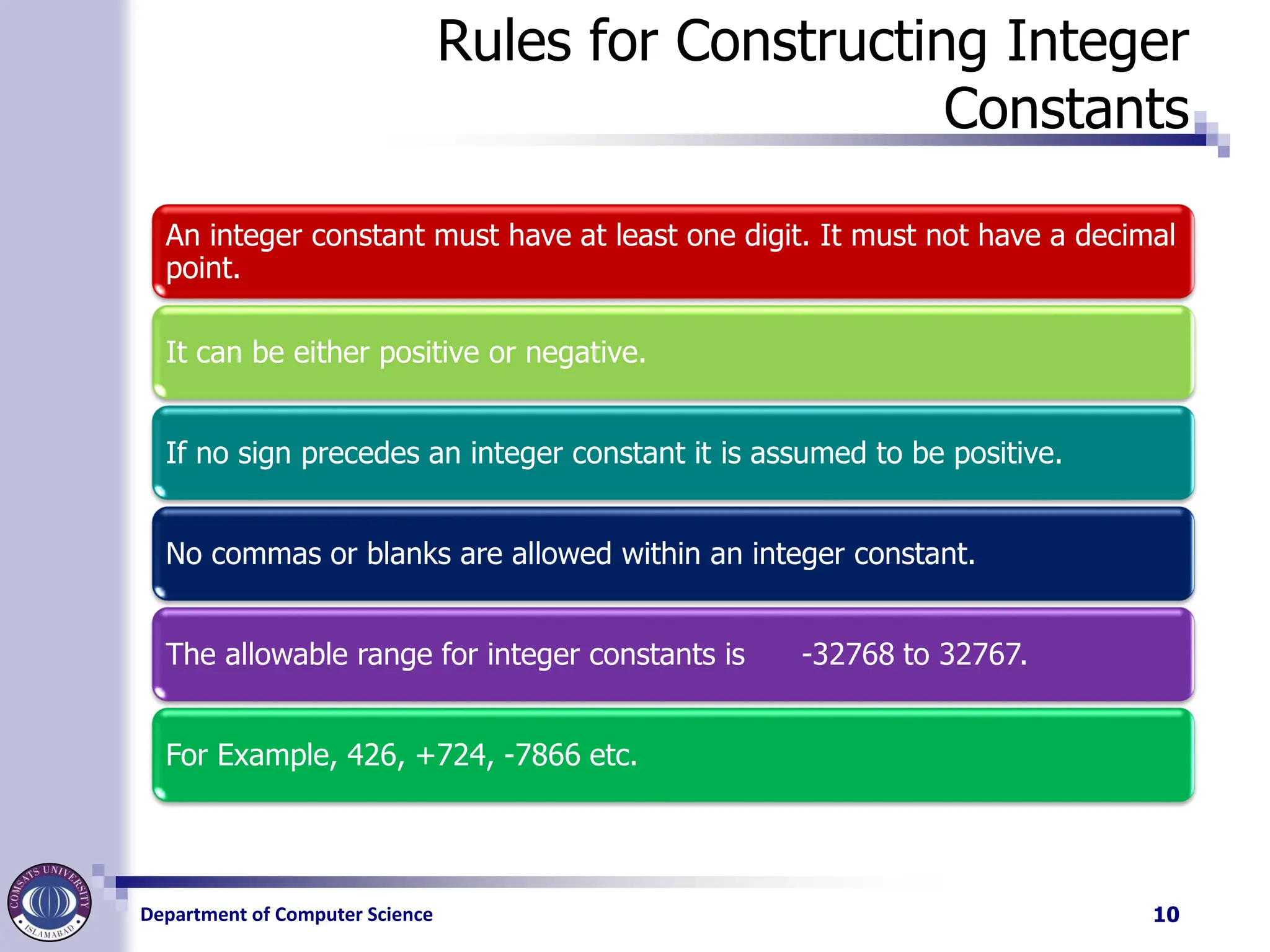 Department of Computer Science
Rules for Constructing Integer
Constants
An integer constant must have at least one digit. It must not have a decimal
point.
It can be either positive or negative.
If no sign precedes an integer constant it is assumed to be positive.
No commas or blanks are allowed within an integer constant.
The allowable range for integer constants is -32768 to 32767.
For Example, 426, +724, -7866 etc.
10
 