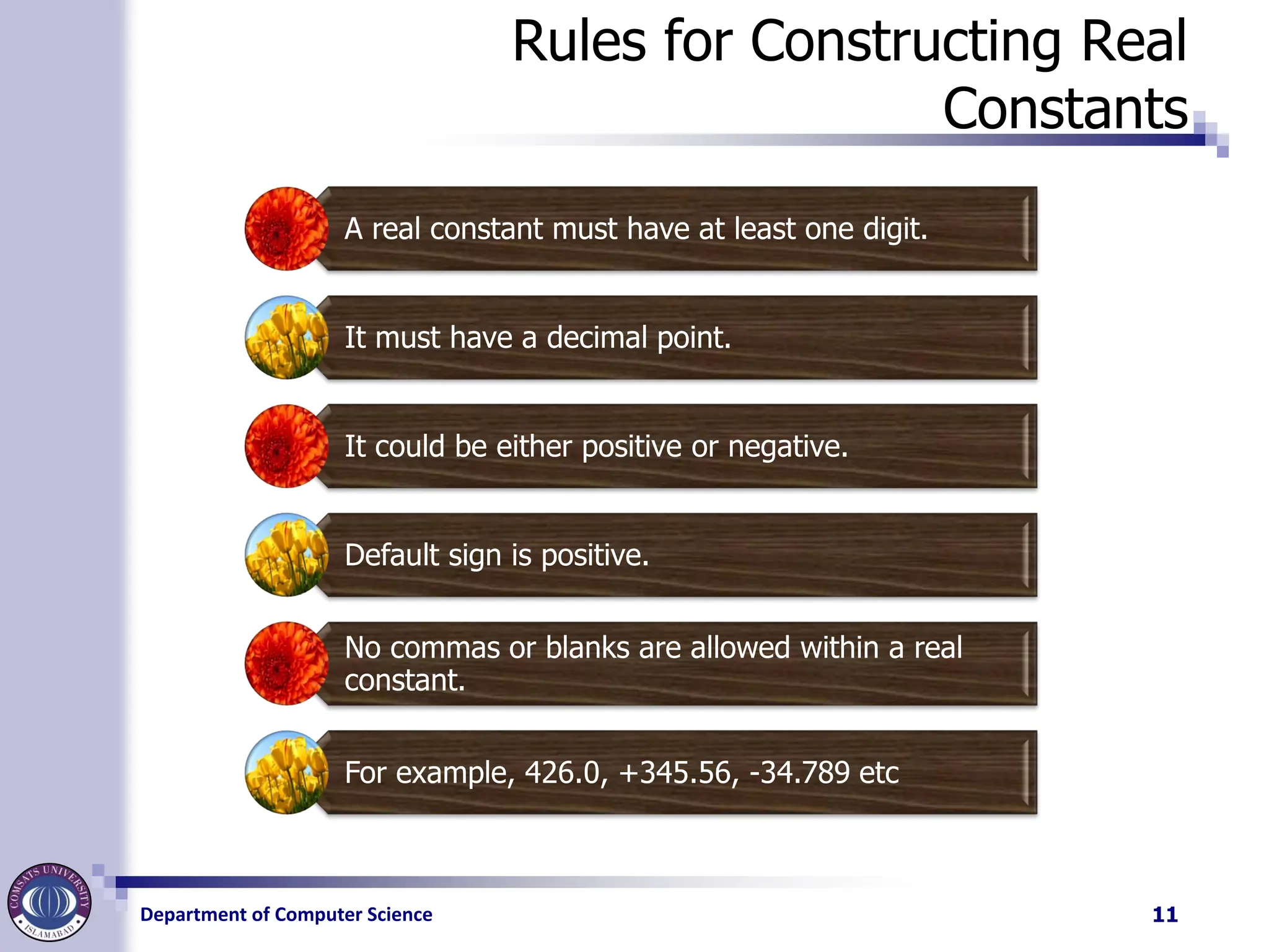 Department of Computer Science
Rules for Constructing Real
Constants
A real constant must have at least one digit.
It must have a decimal point.
It could be either positive or negative.
Default sign is positive.
No commas or blanks are allowed within a real
constant.
For example, 426.0, +345.56, -34.789 etc
11
 