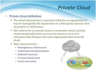 Private Cloud
• Private cloud definition
 The cloud infrastructure is operated solely for an organization. It
may be managed by the organization or a third party and may exist
on premise or off premise.
 Also referred to as internal cloud or on-premise cloud, a private
cloud intentionally limits access to its resources to service
consumers that belong to the same organization that owns the
cloud.
 Basic characteristics :
• Heterogeneous infrastructure
• Customized and tailored policies
• Dedicated resources
• In-house infrastructure
• End-to-end control
 