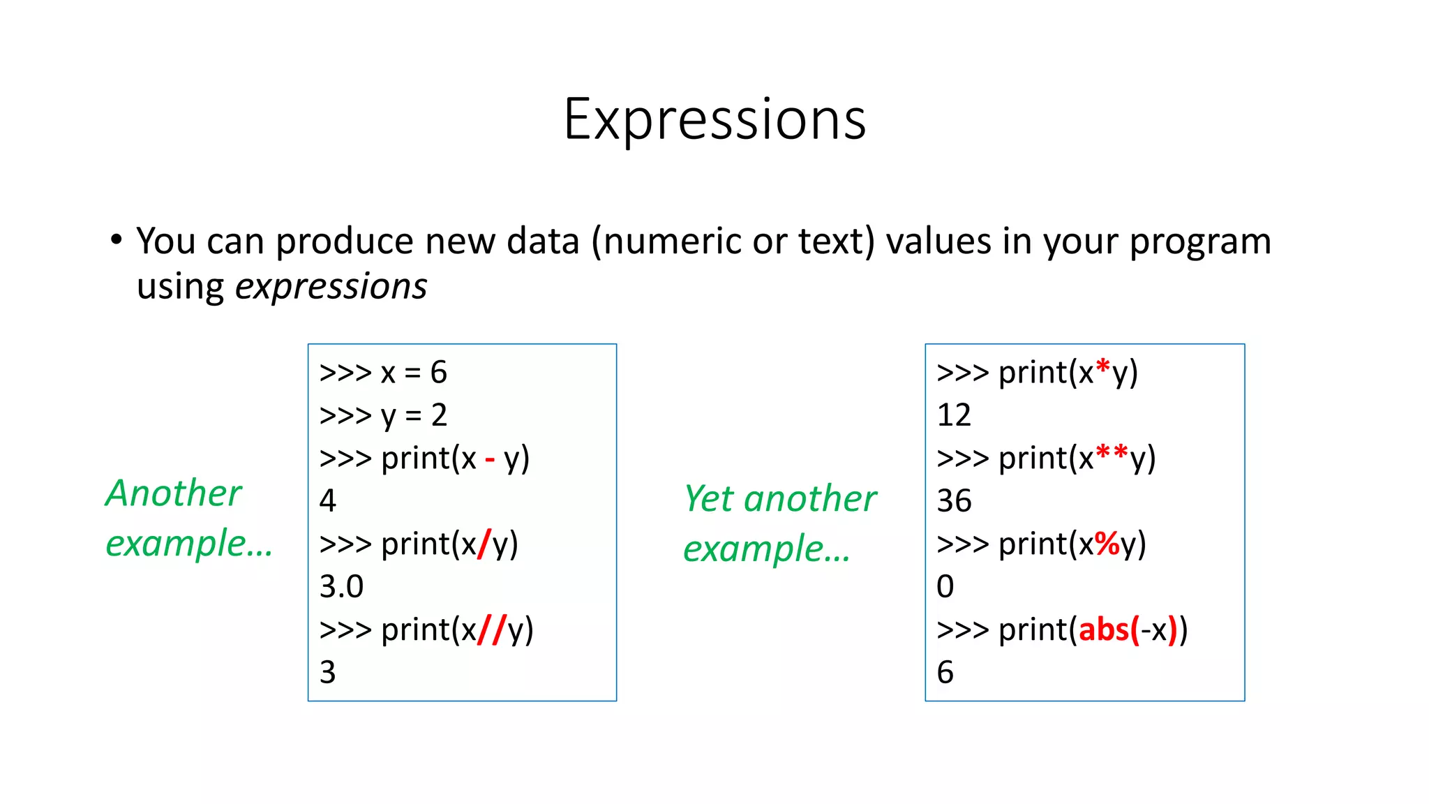 • You can produce new data (numeric or text) values in your program
using expressions
Expressions
>>> x = 6
>>> y = 2
>>> print(x - y)
4
>>> print(x/y)
3.0
>>> print(x//y)
3
>>> print(x*y)
12
>>> print(x**y)
36
>>> print(x%y)
0
>>> print(abs(-x))
6
Yet another
example…
Another
example…
 