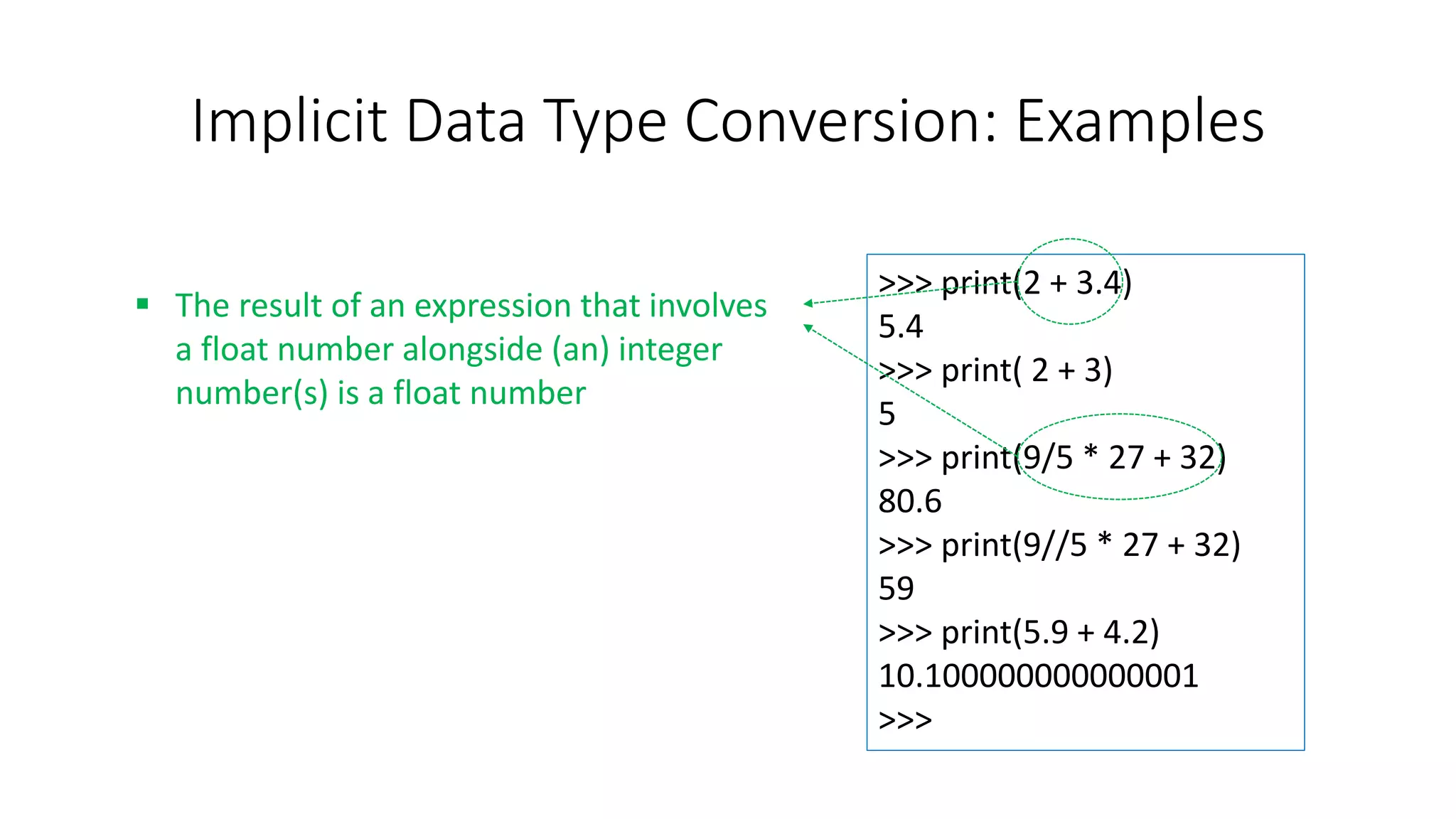 Implicit Data Type Conversion: Examples
>>> print(2 + 3.4)
5.4
>>> print( 2 + 3)
5
>>> print(9/5 * 27 + 32)
80.6
>>> print(9//5 * 27 + 32)
59
>>> print(5.9 + 4.2)
10.100000000000001
>>>
 The result of an expression that involves
a float number alongside (an) integer
number(s) is a float number
 