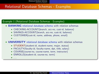 Relational Database Schemas
Relational Algebra
Relational Database Schemas - Examples
Example 1 (Relational Database Schemas - Examples)
• BANKING relational database schema with relation schemas
• CHECKING-ACCOUNT(branch, acc-no, cust-id, balance)
• SAVINGS-ACCOUNT(branch, acc-no, cust-id, balance)
• CUSTOMER(cust-id, name, address, phone, email)
• . . .
• UNIVERSITY relational database schema with relation schemas
• STUDENT(student-id, student-name, major, status)
• FACULTY(faculty-id, faculty-name, dpt, title, salary)
• COURSE(course-no, course-name, term, instructor)
• ENROLLS(student-id, course-no, term)
• . . .
Dr. Syed Asad Raza Kazmi Advanced Database Theory
 