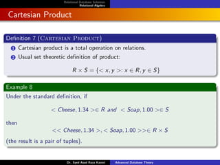 Relational Database Schemas
Relational Algebra
Cartesian Product
Definition 7 (Cartesian Product)
1 Cartesian product is a total operation on relations.
2 Usual set theoretic definition of product:
R × S = {< x, y >: x ∈ R, y ∈ S}
Example 8
Under the standard definition, if
< Cheese, 1.34 >∈ R and < Soap, 1.00 >∈ S
then
<< Cheese, 1.34 >, < Soap, 1.00 >>∈ R × S
(the result is a pair of tuples).
Dr. Syed Asad Raza Kazmi Advanced Database Theory
 
