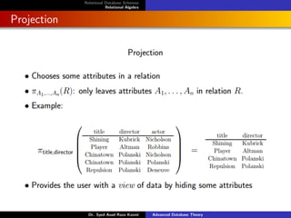Relational Database Schemas
Relational Algebra
Projection
Dr. Syed Asad Raza Kazmi Advanced Database Theory
 