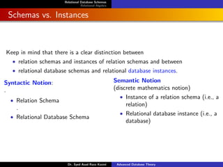 Relational Database Schemas
Relational Algebra
Schemas vs. Instances
Keep in mind that there is a clear distinction between
• relation schemas and instances of relation schemas and between
• relational database schemas and relational database instances.
Syntactic Notion:
.
• Relation Schema
.
• Relational Database Schema
Semantic Notion
(discrete mathematics notion)
• Instance of a relation schema (i.e., a
relation)
• Relational database instance (i.e., a
database)
Dr. Syed Asad Raza Kazmi Advanced Database Theory
 
