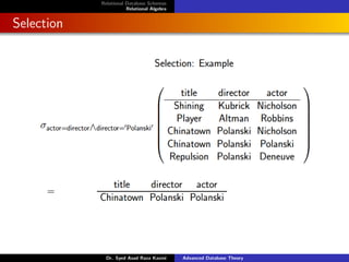 Relational Database Schemas
Relational Algebra
Selection
Dr. Syed Asad Raza Kazmi Advanced Database Theory
 