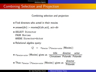 Relational Database Schemas
Relational Algebra
Combining Selection and Projection
Dr. Syed Asad Raza Kazmi Advanced Database Theory
 
