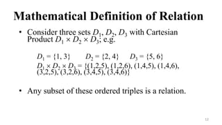 12
Mathematical Definition of Relation
• Consider three sets D1, D2, D3 with Cartesian
Product D1  D2  D3; e.g.
D1 = {1, 3} D2 = {2, 4} D3 = {5, 6}
D1  D2  D3 = {(1,2,5), (1,2,6), (1,4,5), (1,4,6),
(3,2,5), (3,2,6), (3,4,5), (3,4,6)}
• Any subset of these ordered triples is a relation.
 