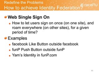 Redefine the Problems
How to achieve Identity Federation?
Web Single Sign On
How to let users sign on once (on one site), and
roam everywhere (on other sites), for a given
period of time?
Examples
facebook Like Button outside facebook
funP Push Button outside funP
Yam’s Identity in funP.com
65
 