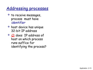 Addressing processes
 to receive messages,
process must have
identifier
 host device has unique
32-bit IP address
 Q: does IP address of
host on which process
runs suffice for
identifying the process?
Application 2-13
 