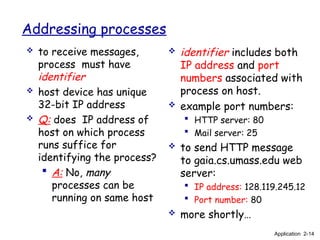 Addressing processes
 to receive messages,
process must have
identifier
 host device has unique
32-bit IP address
 Q: does IP address of
host on which process
runs suffice for
identifying the process?
 A: No, many
processes can be
running on same host
 identifier includes both
IP address and port
numbers associated with
process on host.
 example port numbers:
 HTTP server: 80
 Mail server: 25
 to send HTTP message
to gaia.cs.umass.edu web
server:
 IP address: 128.119.245.12
 Port number: 80
 more shortly…
Application 2-14
 