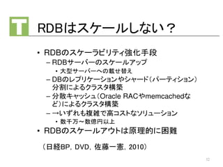 （日経BP，DVD，佐藤一憲，2010）
RDBはスケールしない？
32
 